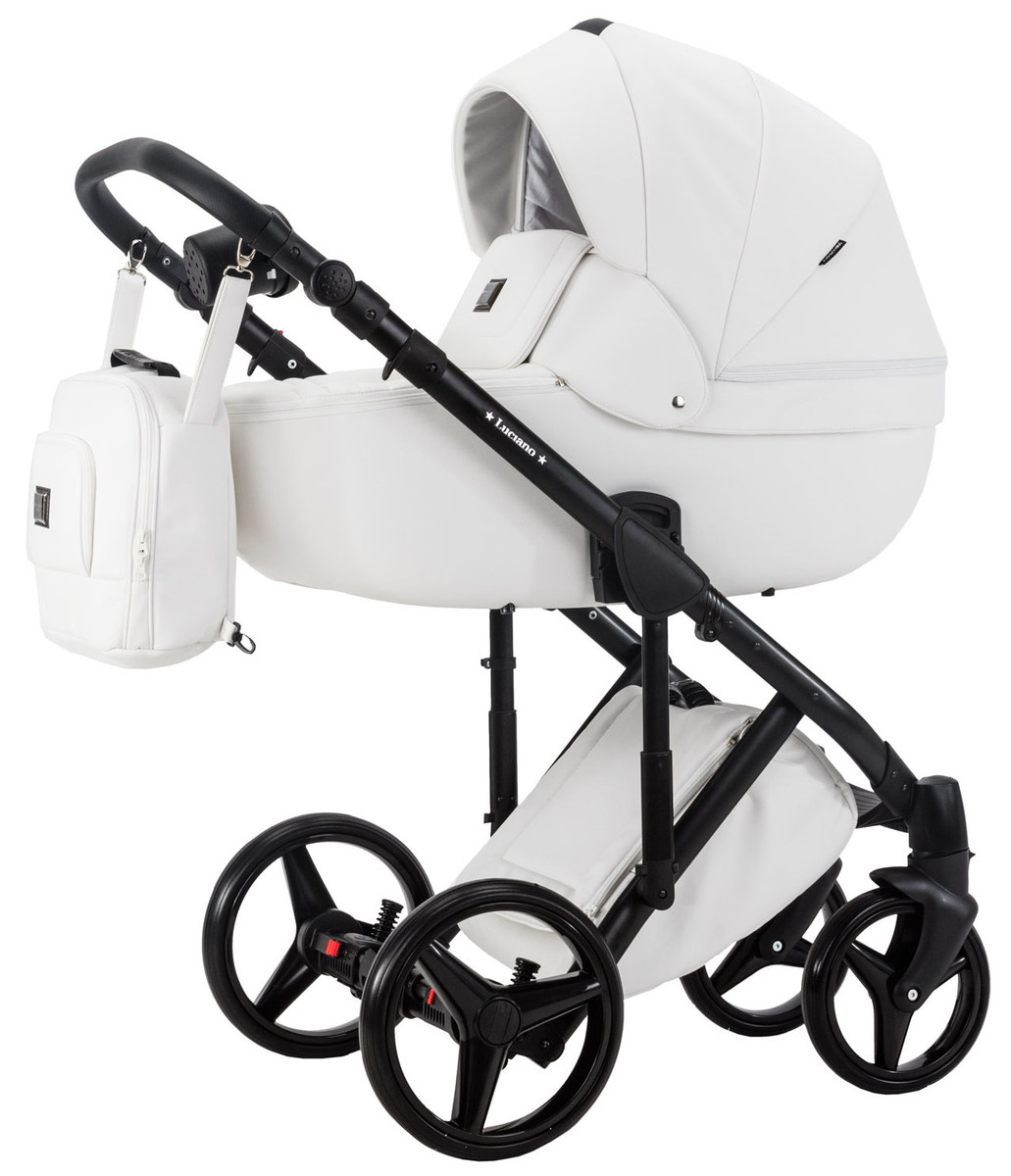 Детская коляска Adamex Luciano Deluxe 2 в 1 Q107-C (БЕЛ 100% КОЖА-ЧЕРНАЯ РАМА)