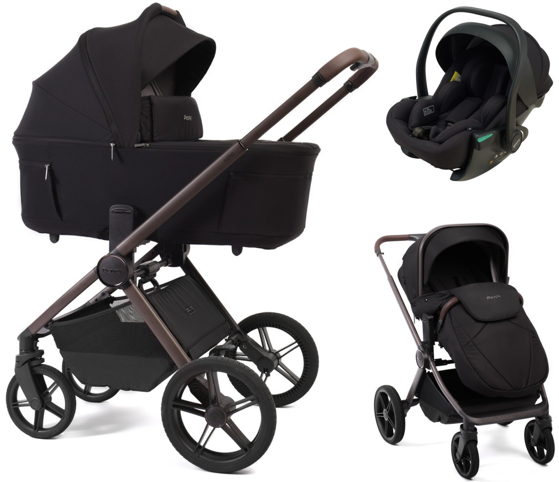 Детская коляска Peppy Soho 3 в 1 с автокреслом Jet Black Black (черный) рама шоколад