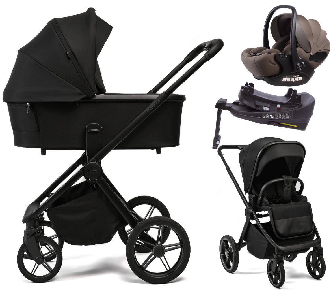 Детская коляска Peppy Monaco Plus 4 в 1 с автокреслом Verona Brown и базой Black (черный), рама черная