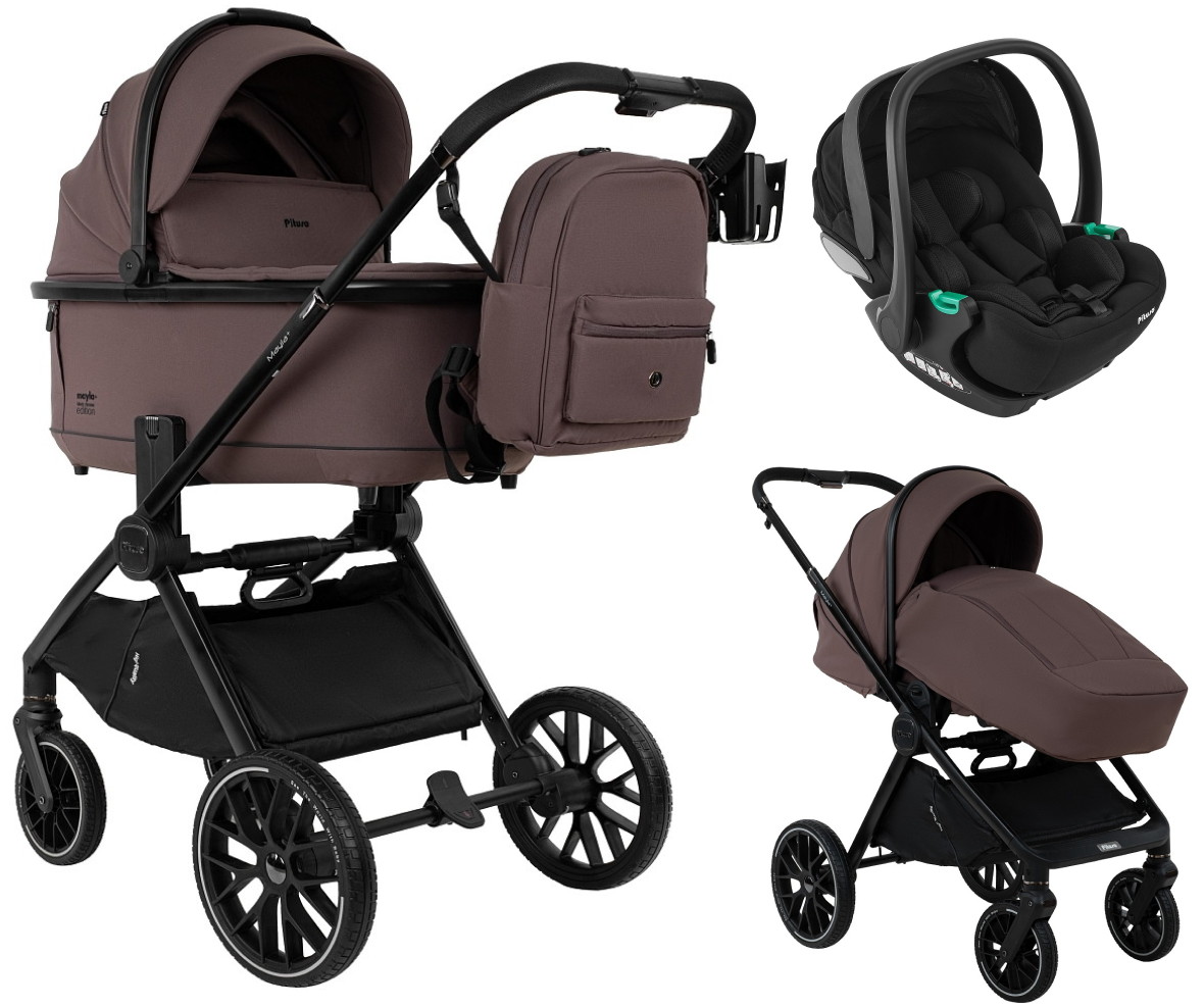 Детская коляска Pituso Mayla Plus 3 в 1 с автокреслом Baesa Black Devine Cocoa/Black