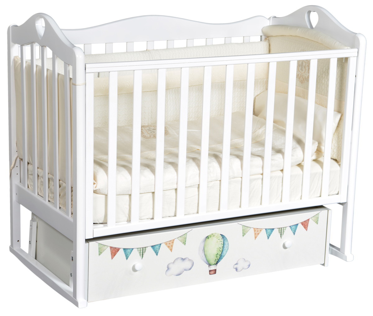 Детская кроватка ByTwinz Venecia Путешествие на воздушном шаре маятник белый