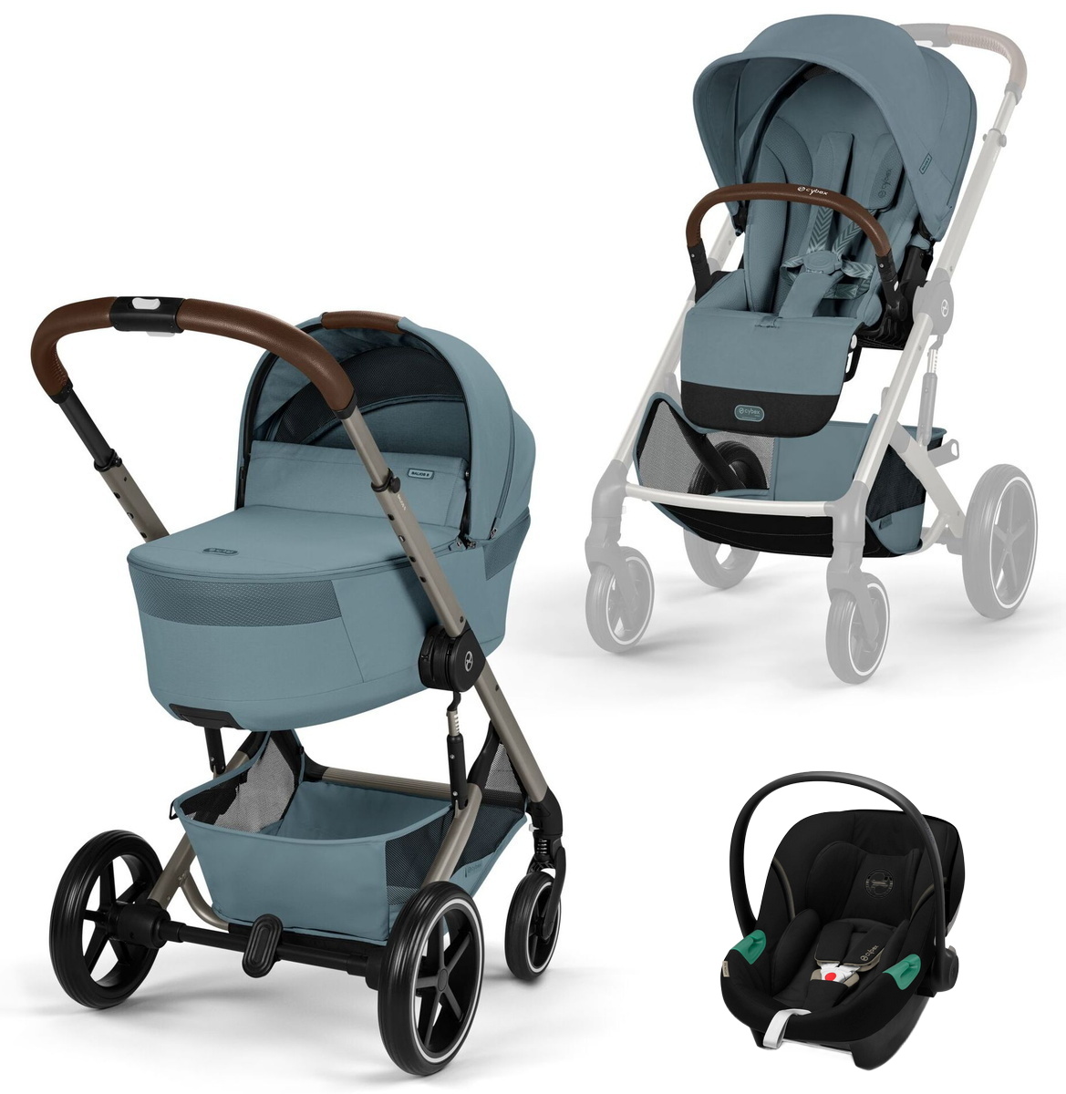Коляска Cybex Balios S Lux Fold Cot TPE Aton S2 Moon Black 3 в 1 Stormy Blue с дождевиками