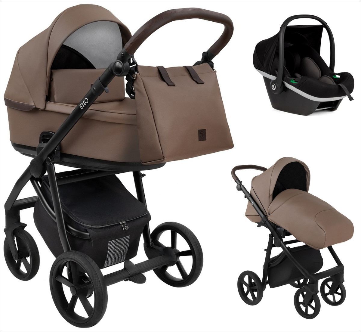 Детская коляска Roan Esso 2025 Кожа 3 в 1 с автокреслом Tutis Elo Black ESSK/211/1 Camel/Black/руч.Тем.коричневый