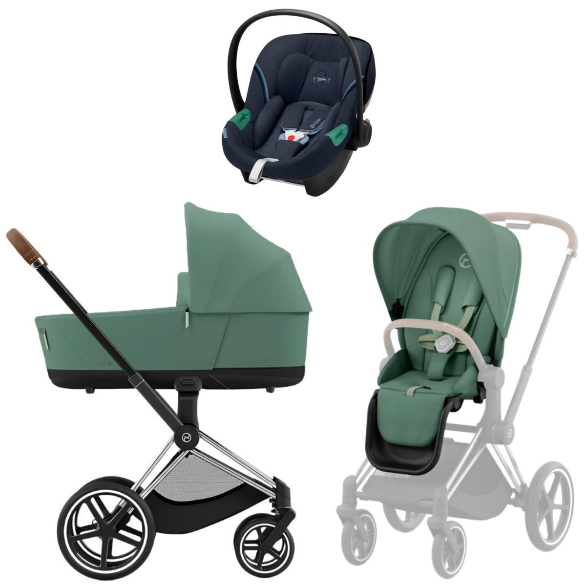 Коляска 3 в 1 Cybex Priam IV Chrome Brown complete и автокресло Aton S2 i-Size Ocean Blue Leaf Green