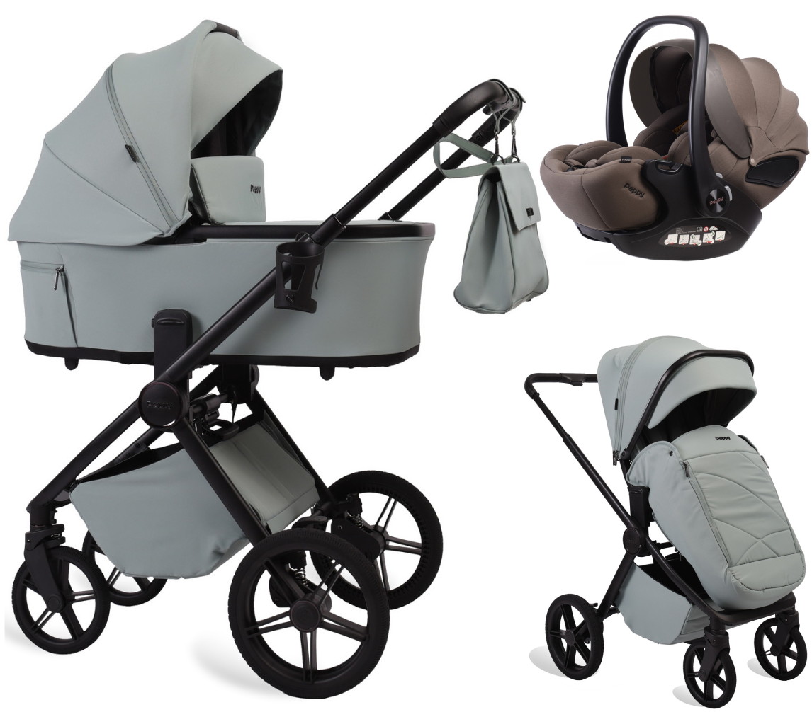 Детская коляска Peppy Monaco Plus 3 в 1 с автокреслом Verona Brown Mint (мятный), рама черная