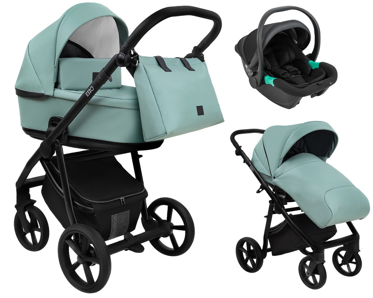 Детская коляска Roan Esso Кожа 3 в 1 с автокреслом Pituso Santiso Pro ESSK/214/1 Misti Mint/Grey/руч.Черный