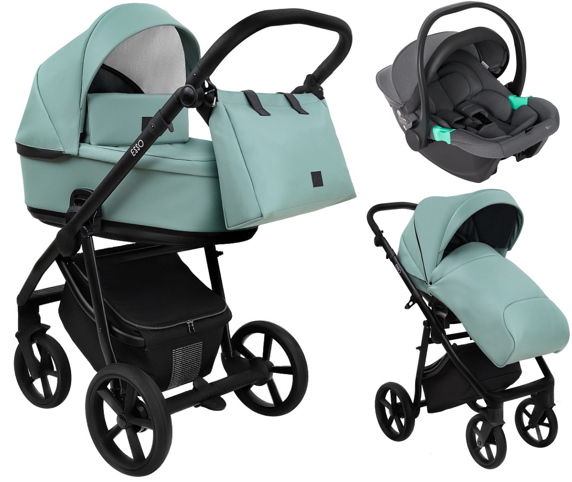 Детская коляска Roan Esso Кожа 3 в 1 с автокреслом Pituso Santiso Pro Graphite ESSK/214/1 Misti Mint/Grey/руч.Черный