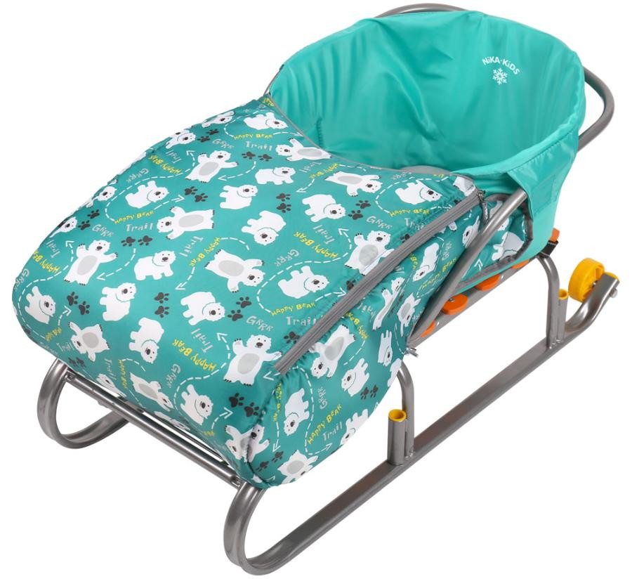 Детское сиденье для санок Nika с чехлом для ног ССЗ мишки изумруд