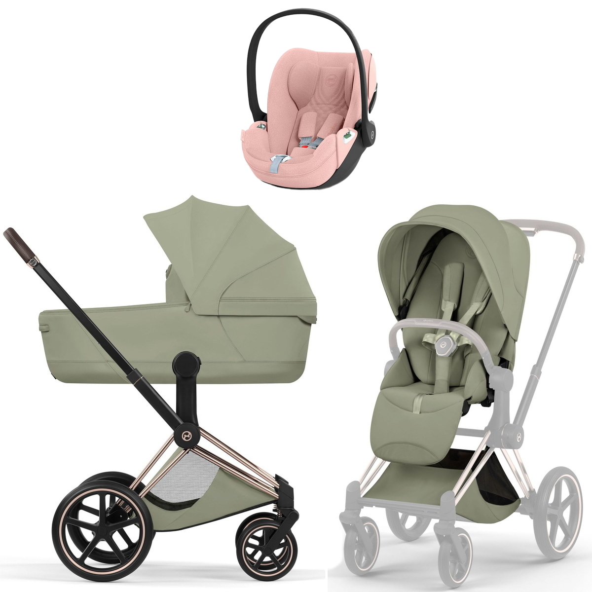 Коляска Cybex Priam V Rosegold Style Cloud T Peach Pink Plus 3 в 1 Sage Green