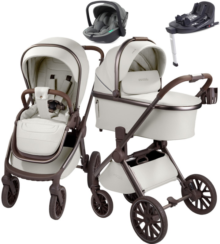 Детская коляска AmaroBaby Motus Premium Ecco Exclusive 4 в 1 с автокреслом Rant Miro Olive и базой молочный