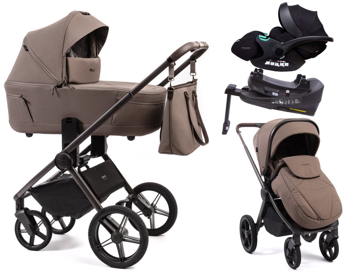 Детская коляска Peppy Monaco Thermo 4 в 1 с автокреслом Verona Black и базой Mocca (кофе), рама серо-коричневая