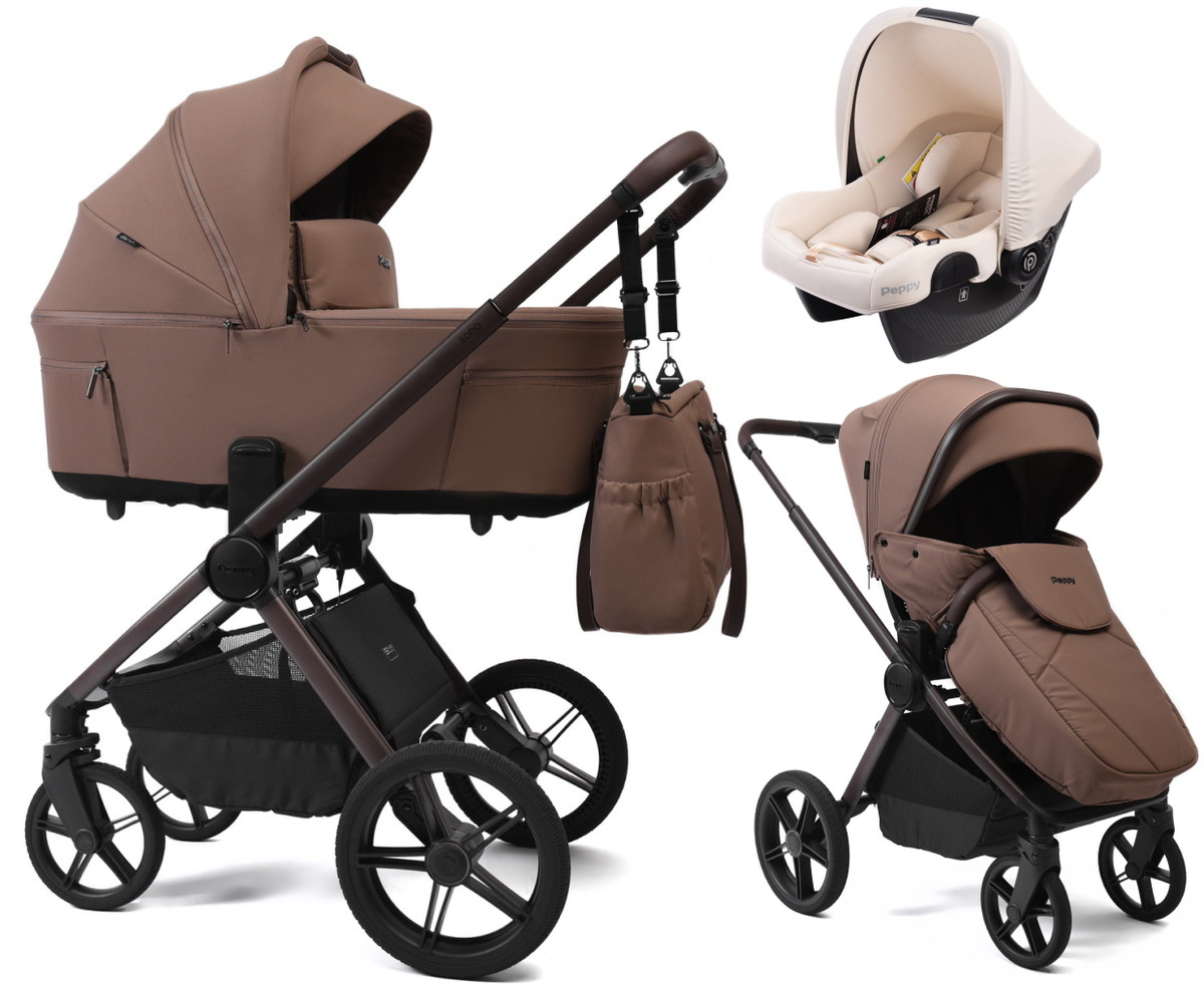 Детская коляска Peppy Soho 3 в 1 с автокреслом Rise Milk Cappuccino (капучино) рама шоколад