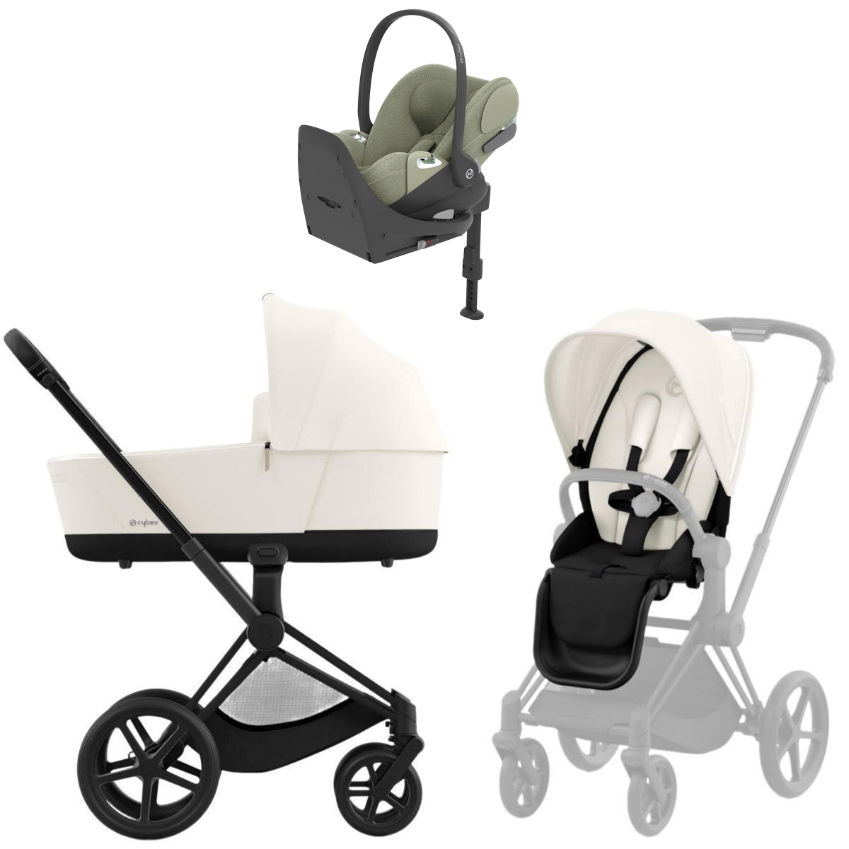 Коляска Cybex Priam IV Matt Black complete Cloud T Sage Green Plus Base T 4 в 1 Off White