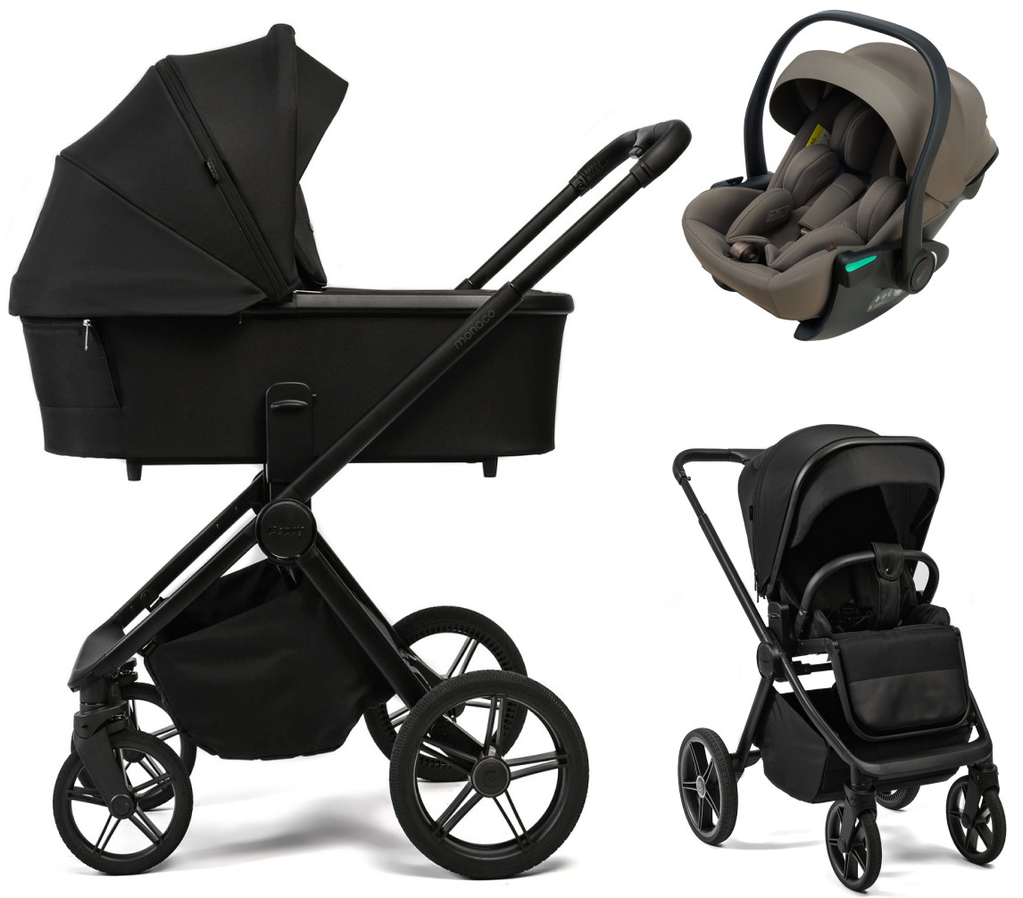 Детская коляска Peppy Monaco Plus 3 в 1 с автокреслом Jet Brown Black (черный), рама черная