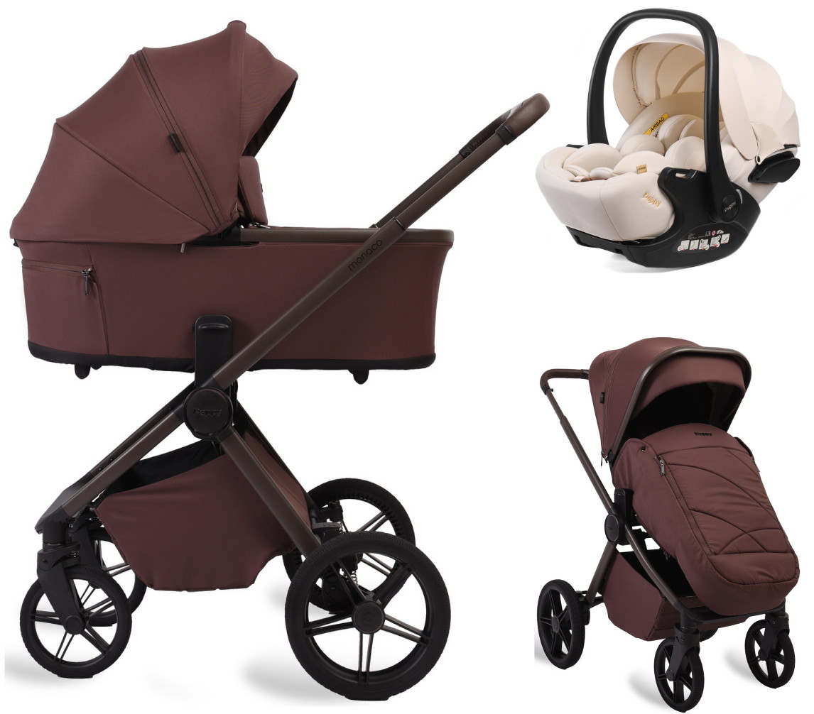 Детская коляска Peppy Monaco Plus 3 в 1 с автокреслом Verona Beige Burgundy (винный), рама коричневая