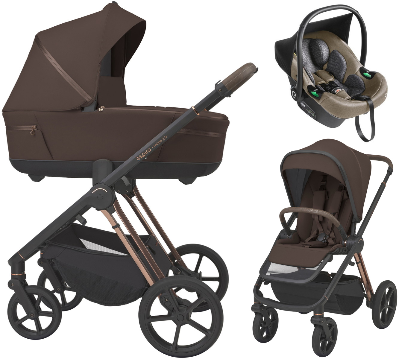 Детская коляска 3 в 1 Espiro Miloo 2.0 и автокресло Pi Beige 308 exellent chocolate