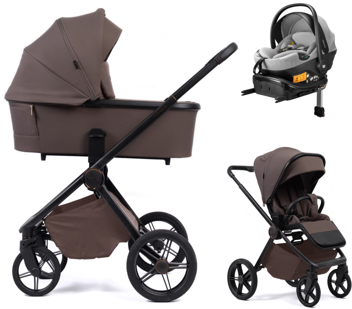 Детская коляска Peppy Monaco Plus 4 в 1 с автокреслом Welldon Crown 2 Grey и базой Brownie (коричневый), рама черная