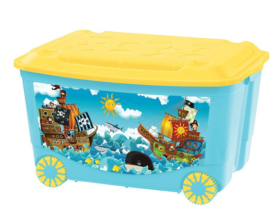 Ящик для игрушек Пластишка на колесах с аппликацией голубой