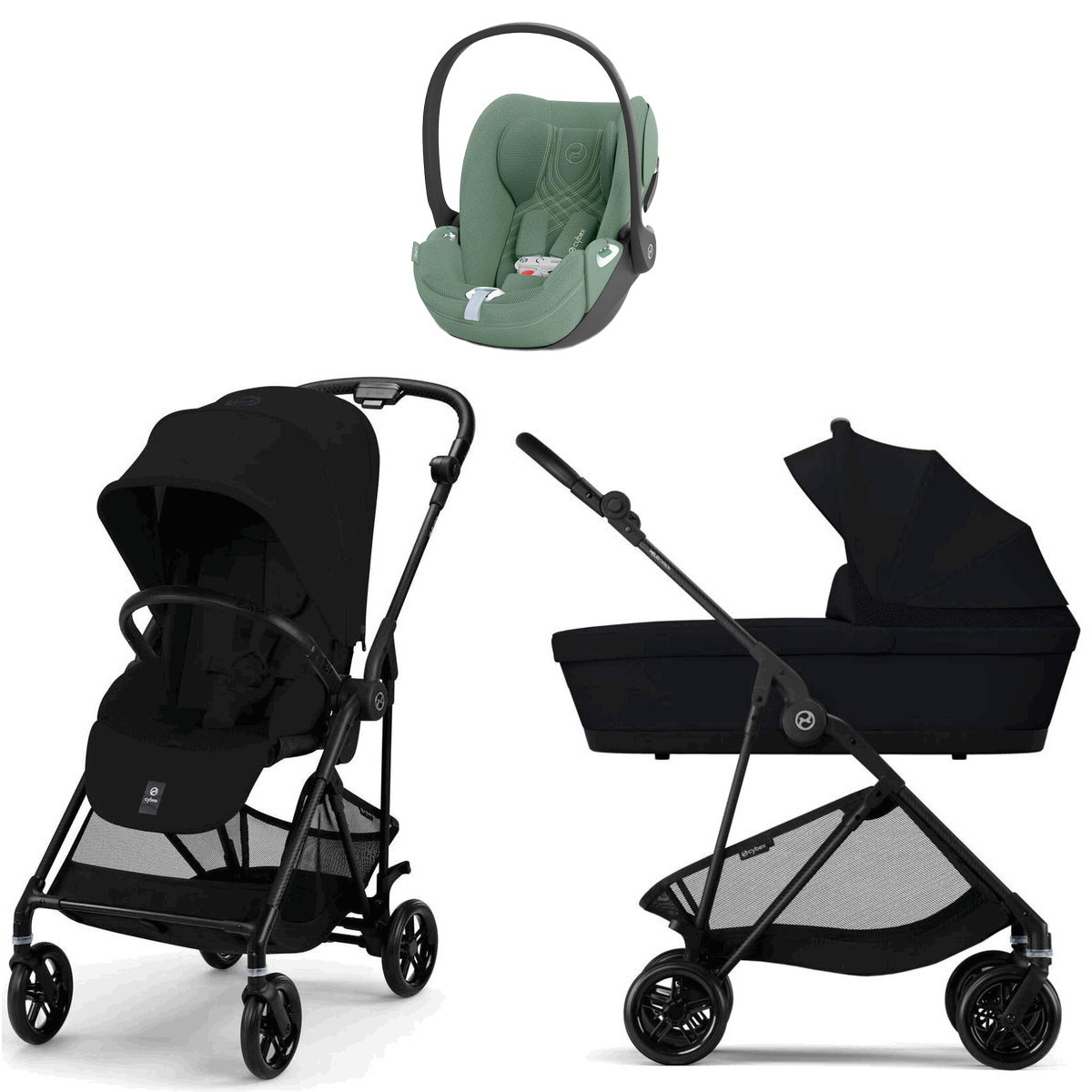 Коляска Cybex Melio Carbon Cloud T i-Size Leaf Green Plus 3 в 1 Magic Black с дождевиками