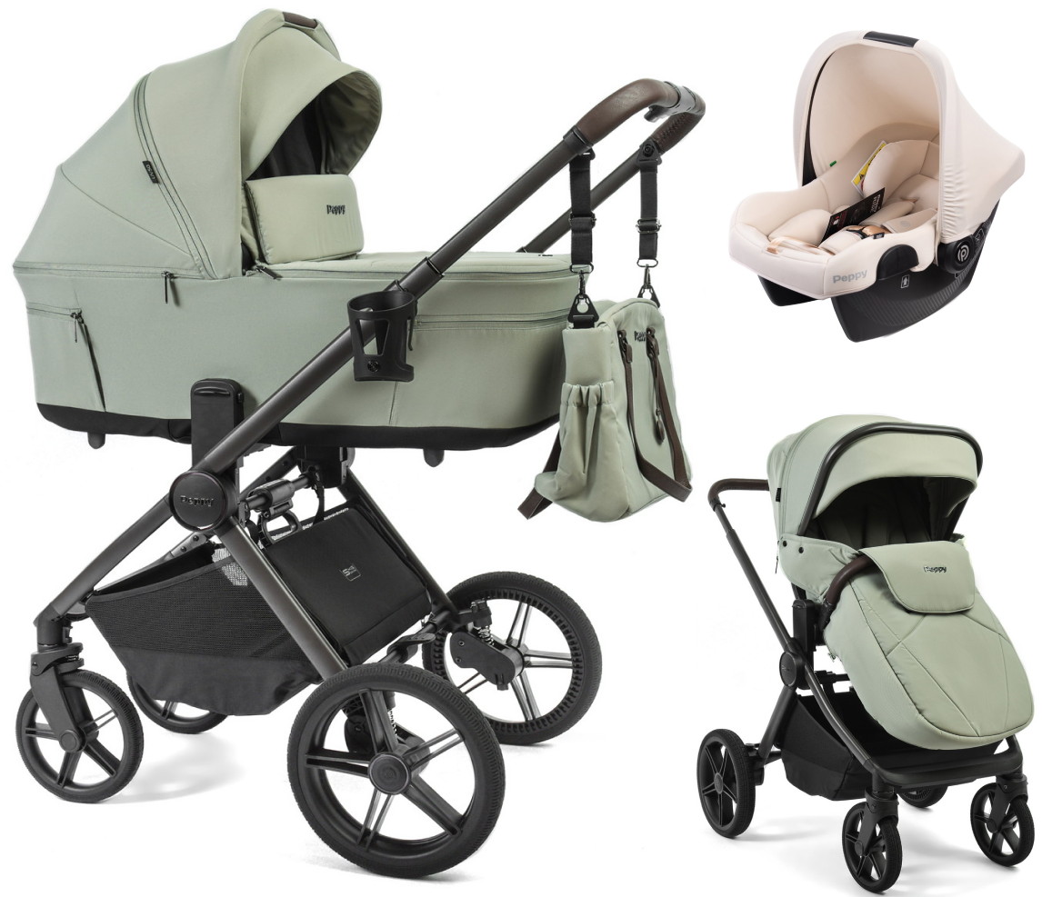 Детская коляска Peppy Soho 3 в 1 с автокреслом Rise Milk Oregano (орегано), рама серо-бежевый