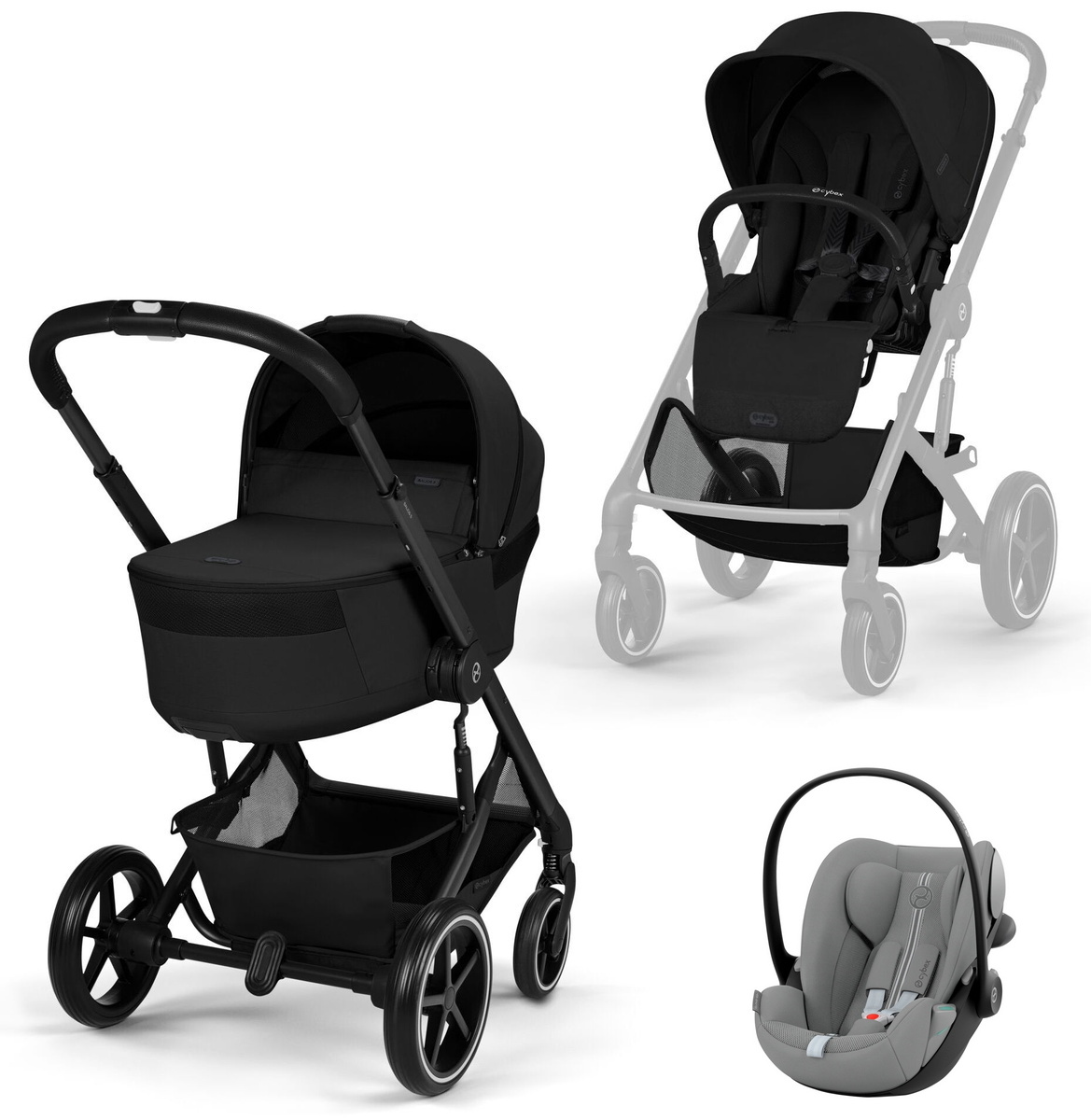 Коляска Cybex Balios S Lux Fold Cot BLK Cloud G3 Stone Grey Plus 3 в 1 Moon Black с дождевиками