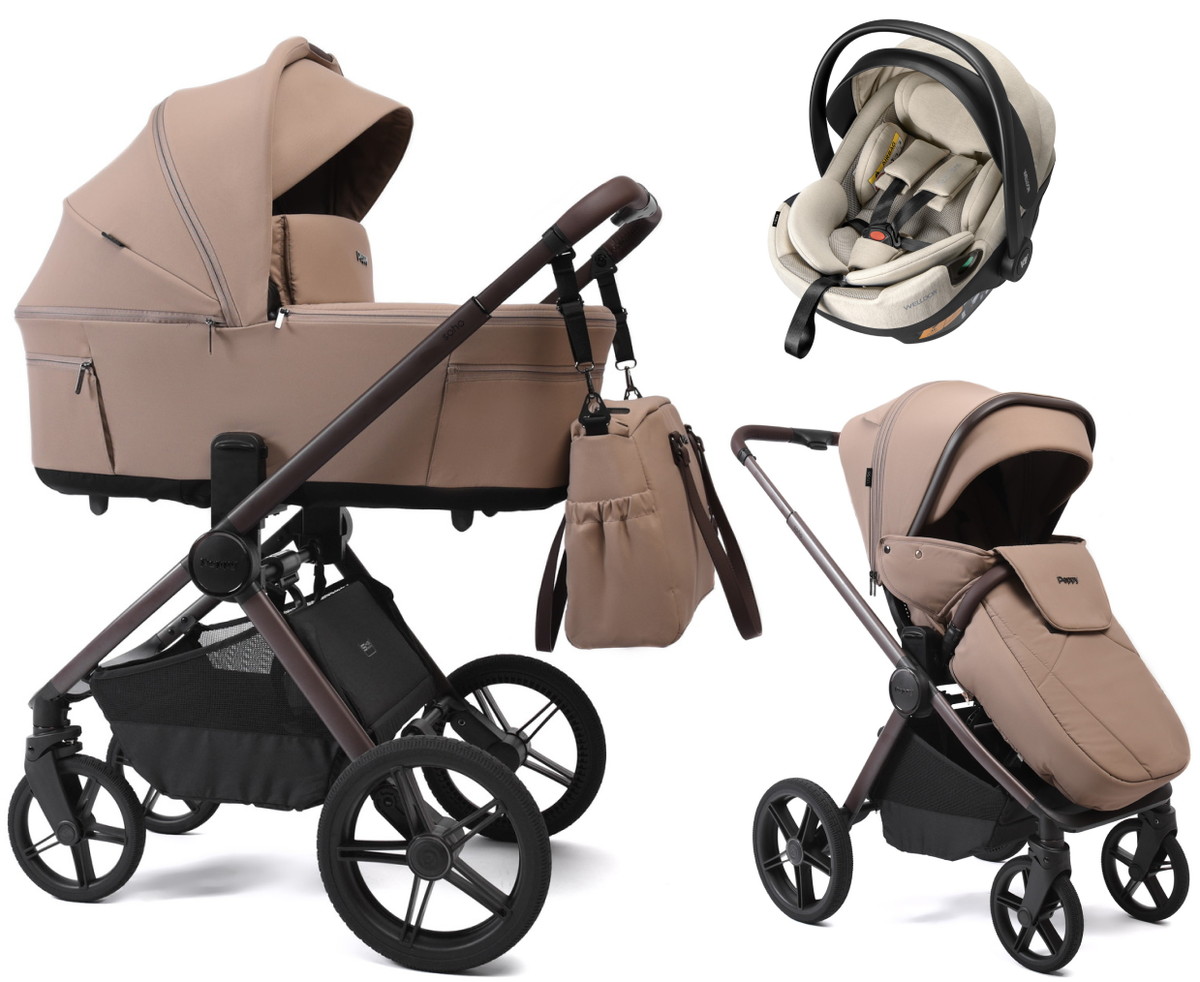 Детская коляска Peppy Soho 3 в 1 с автокреслом Welldon Crown 2 Beige Sand (песочный) рама шоколад