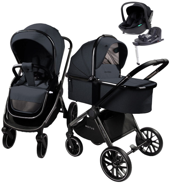 Детская коляска AmaroBaby Motus V2 4 в 1 с автокреслом Rant Miro Black и базой серый