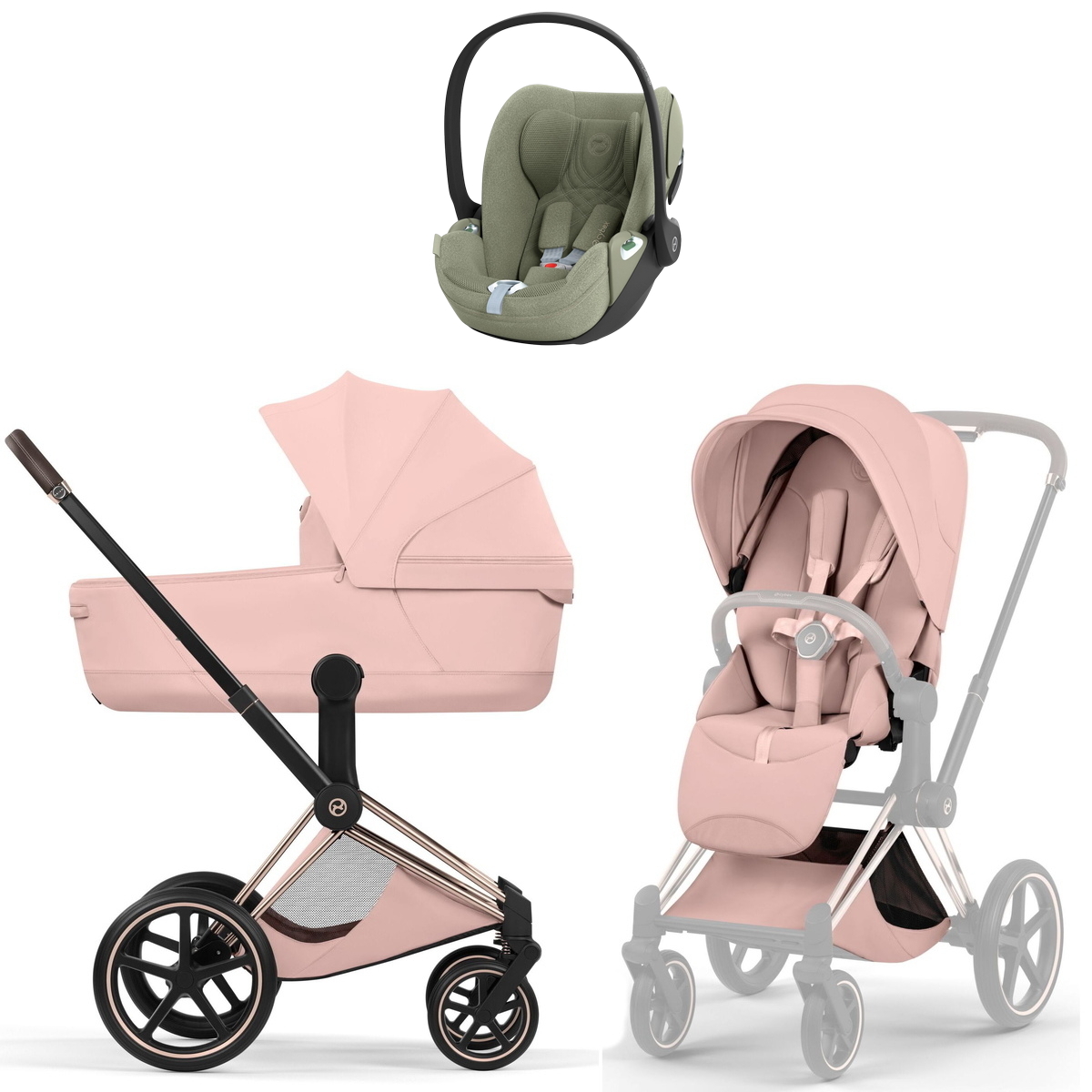 Коляска Cybex Priam V Rosegold Style Cloud T Sage Green Plus 3 в 1 Peach Pink