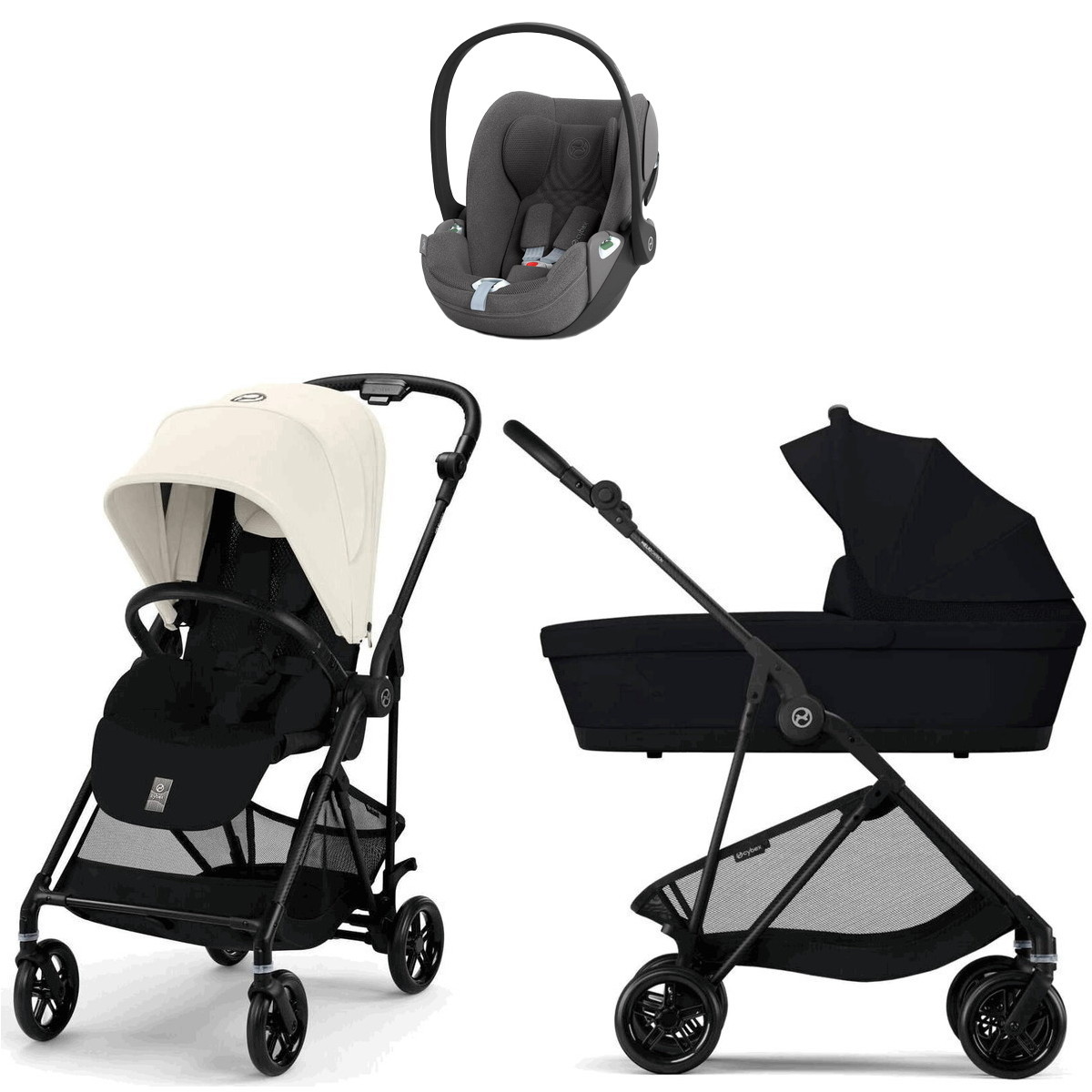 Коляска Cybex Melio Carbon Cloud T i-Size Mirage Grey Plus 3 в 1 Canvas White/Magic Black с дождевиками