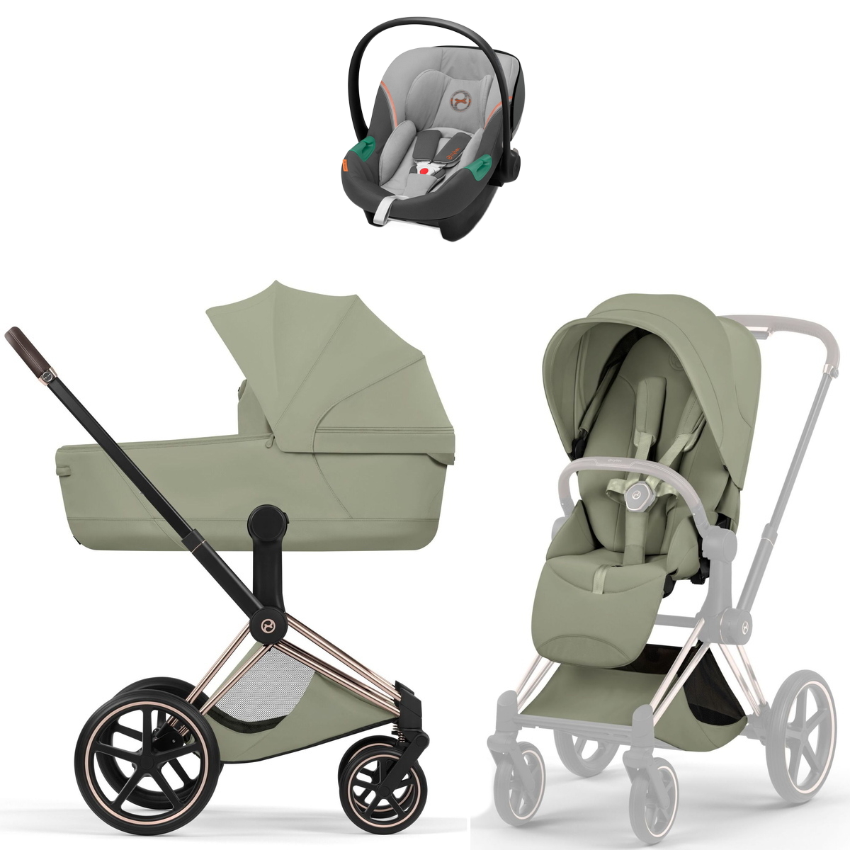 Коляска Cybex Priam V Rosegold Style Aton S2 Lava Grey 3 в 1 Sage Green