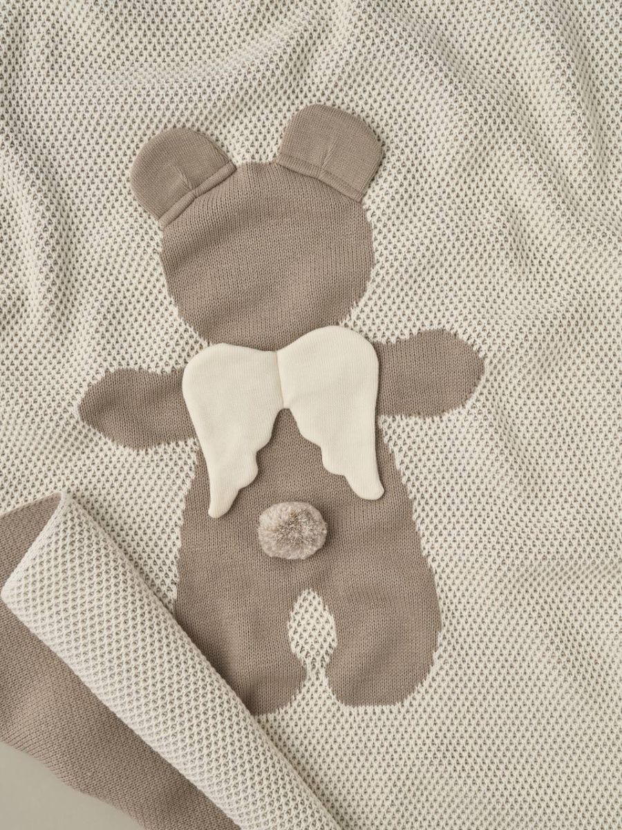 Плед двойной вязки Little Star Мишка Ангел 120*90 04251 серо-бежевый/крем