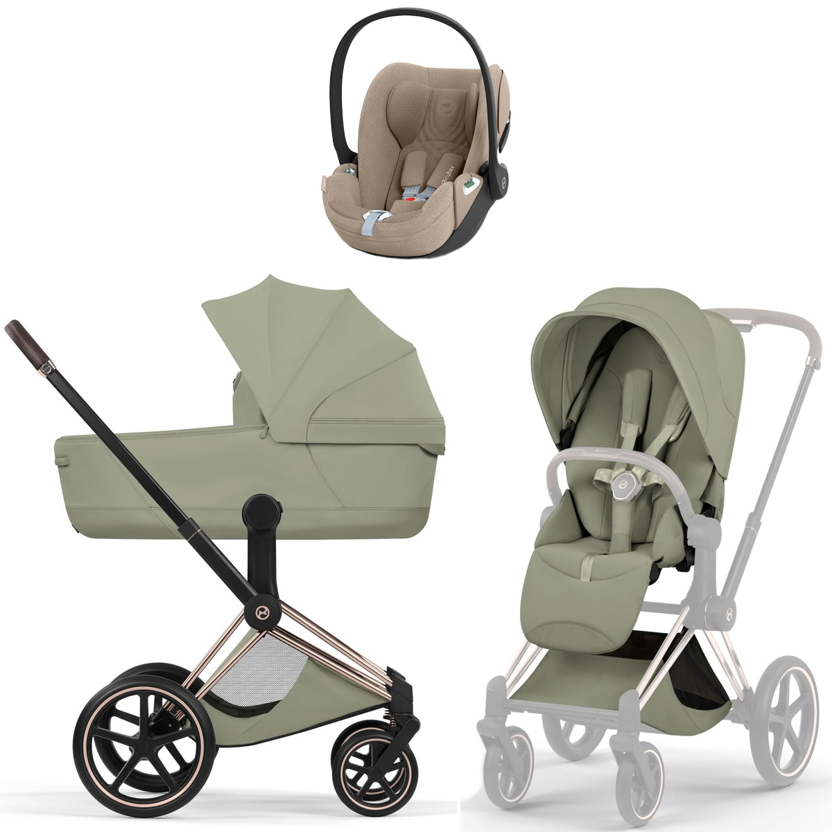 Коляска Cybex Priam V Rosegold Style Cloud T Cozy Beige Plus 3 в 1 Sage Green