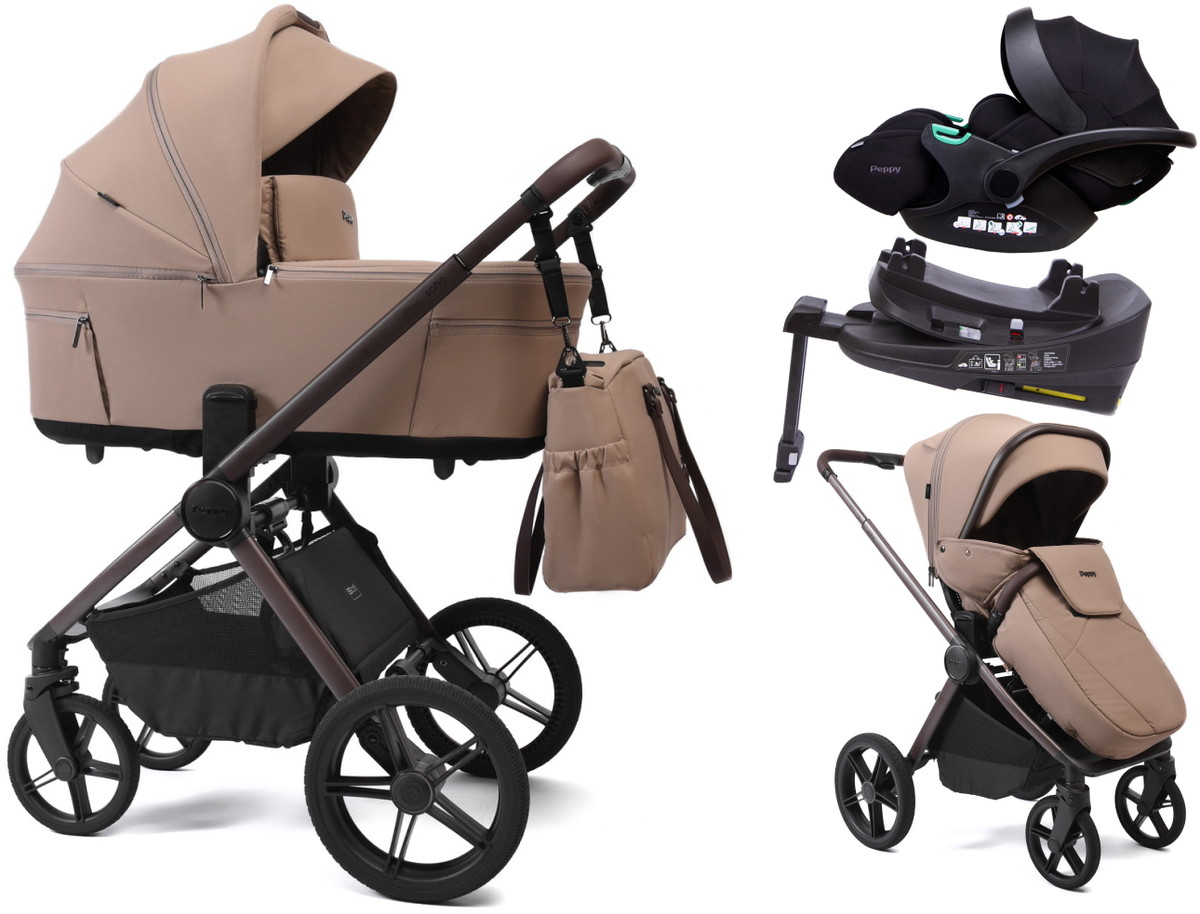 Детская коляска Peppy Soho 4 в 1 с автокреслом Verona Black и базой Sand (песочный) рама шоколад