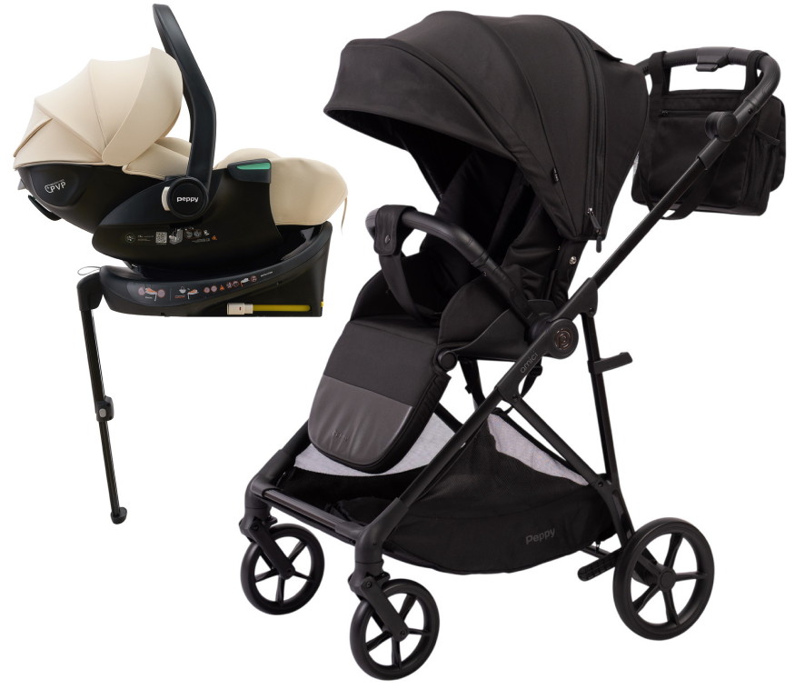 Прогулочная коляска Peppy Amici с автокреслом Jet Beige и базой Black рама Black