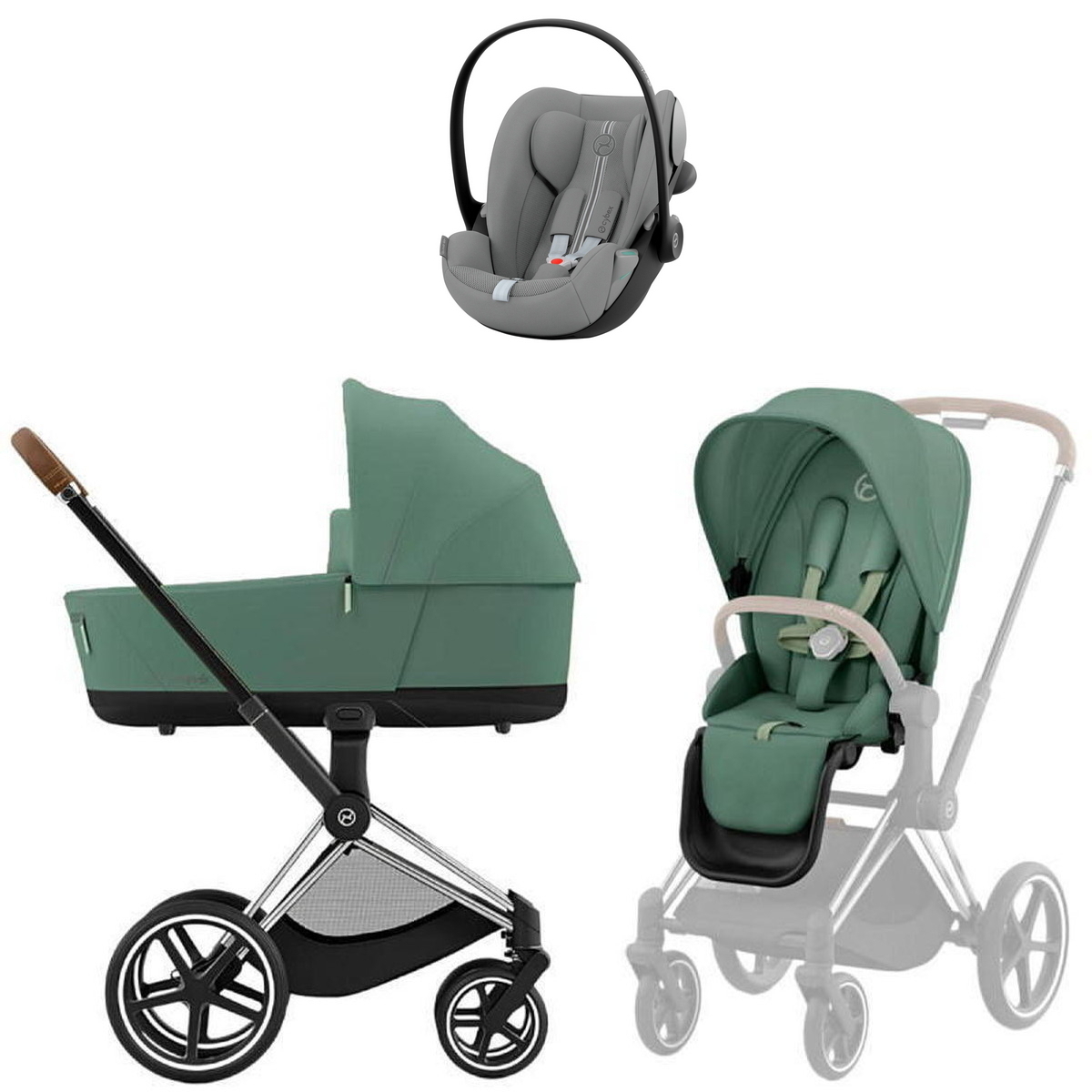 Коляска Cybex Priam IV Chrome Brown complete Cloud G3 Stone Grey Plus 3 в 1 Leaf Green