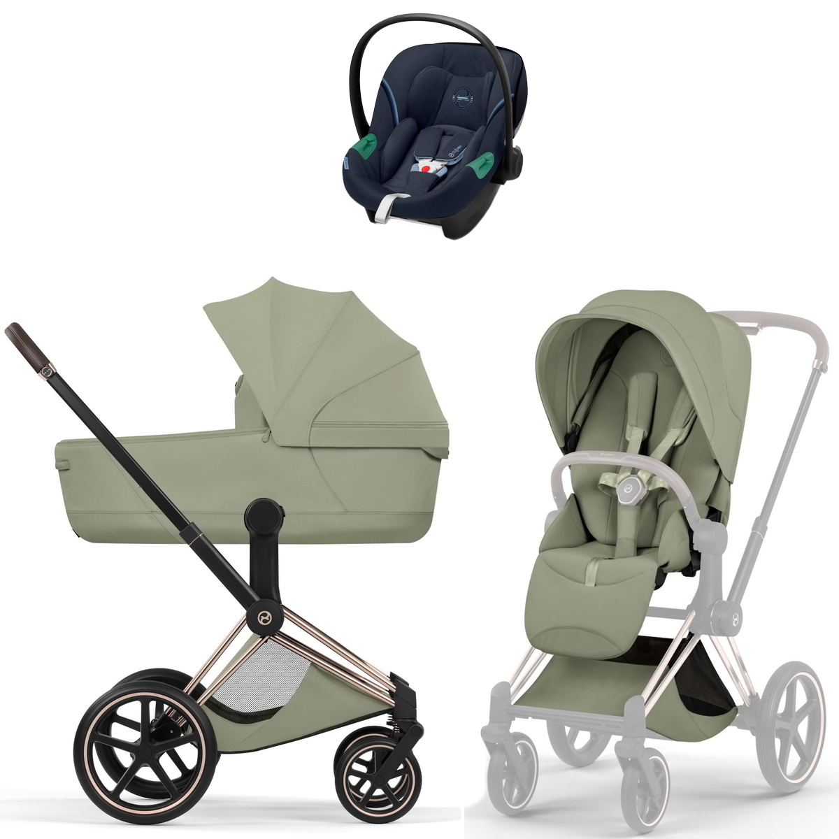 Коляска Cybex Priam V Rosegold Style Aton S2 Ocean Blue 3 в 1 Sage Green