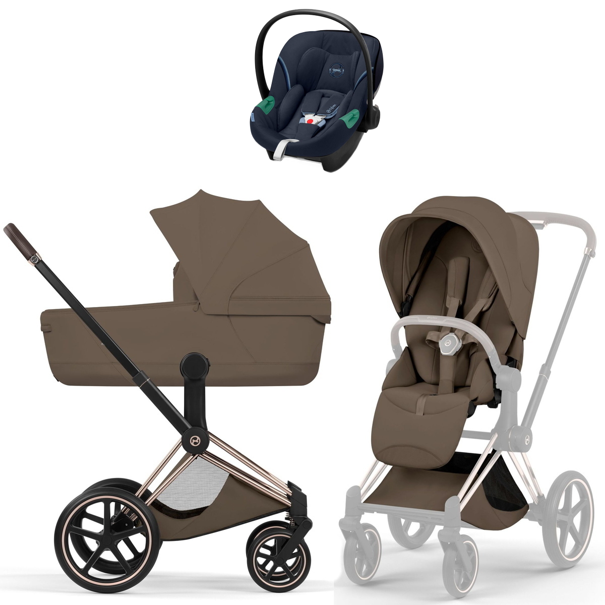 Коляска Cybex Priam V Rosegold Style Aton S2 Ocean Blue 3 в 1 Coconut Brown