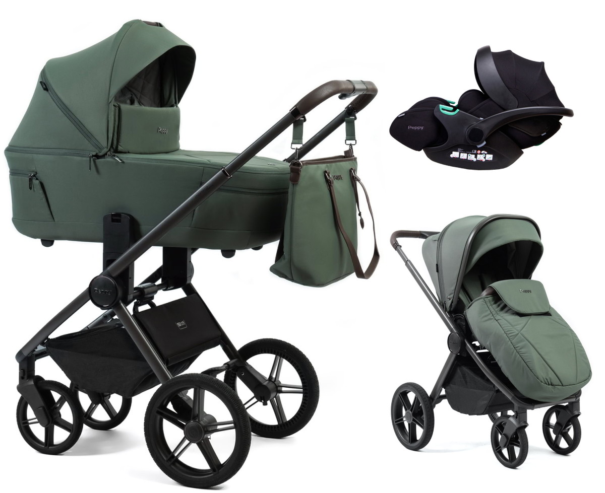 Детская коляска Peppy Monaco Thermo 3 в 1 с автокреслом Verona Black Green (зеленый), рама серо-коричневая