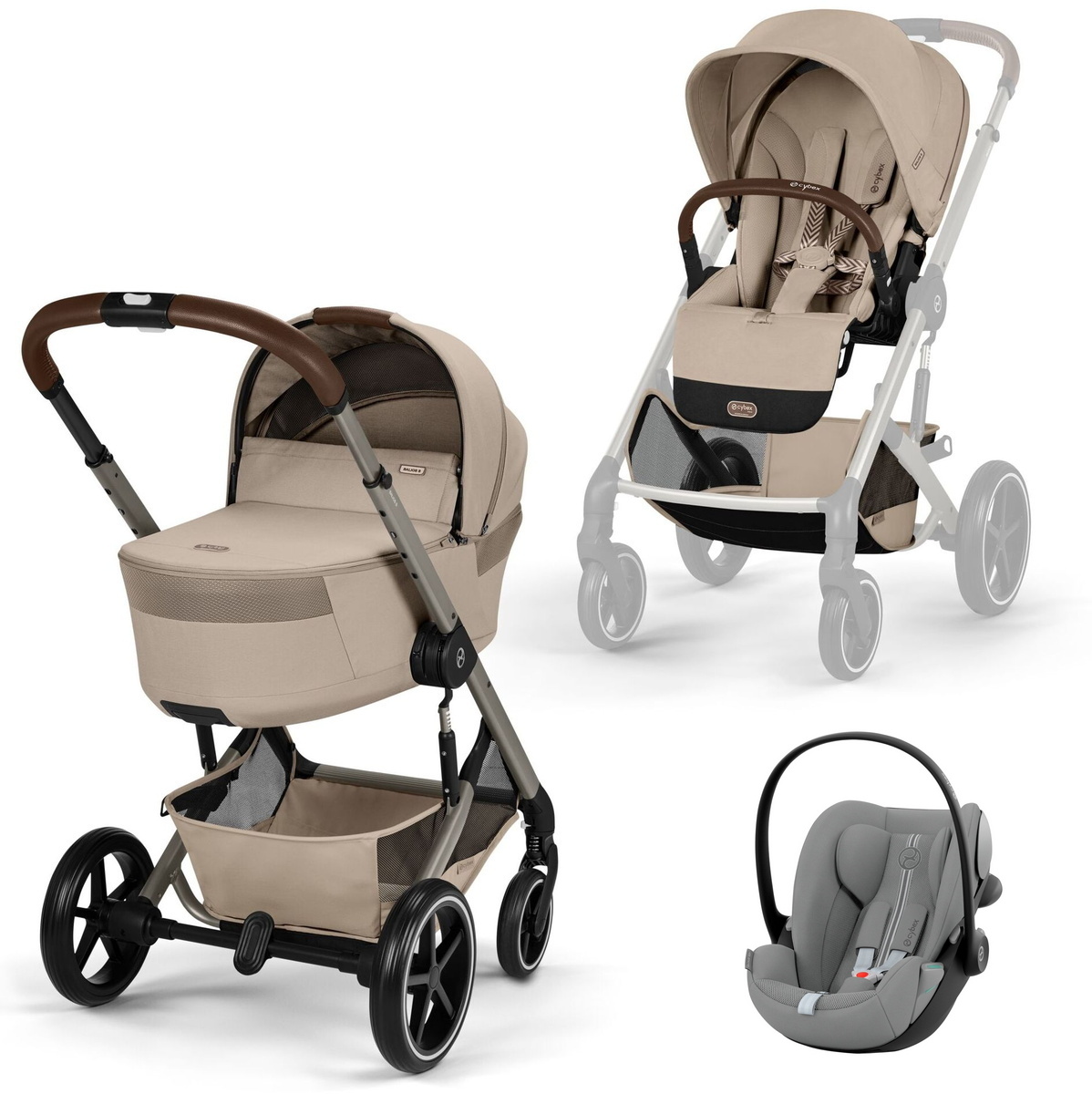 Коляска Cybex Balios S Lux Fold Cot TPE Cloud G3 Stone Grey Plus 3 в 1 Almond Beige с дождевиками