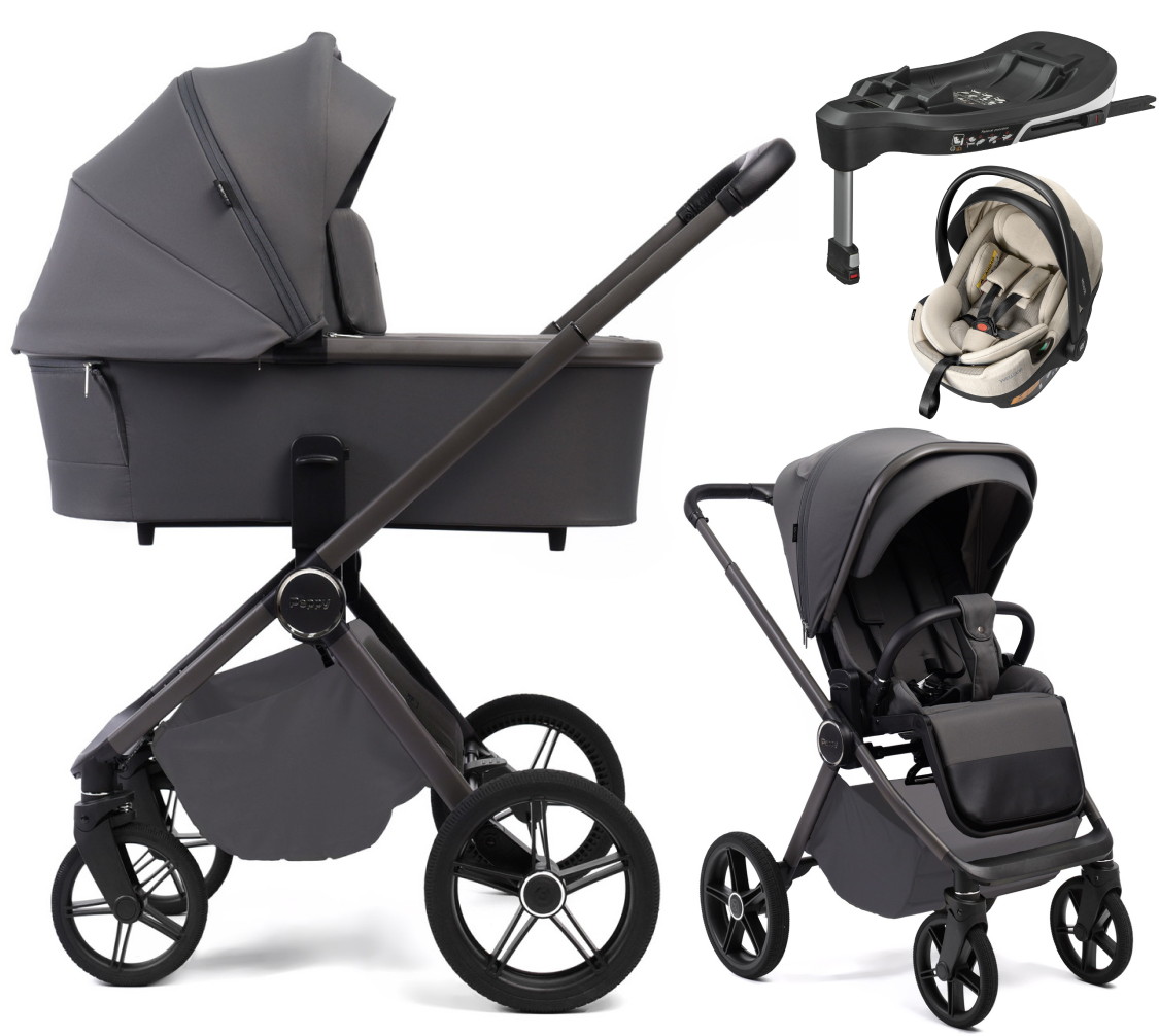 Детская коляска Peppy Monaco Plus 4 в 1 с автокреслом Welldon Crown 2 и базой Antrazit (графитовый), рама серая