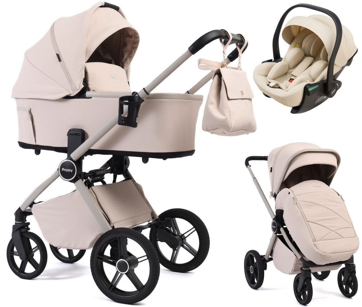 Детская коляска Peppy Monaco Plus 3 в 1 с автокреслом Jet Beige Cream (кремовый), рама бежевая