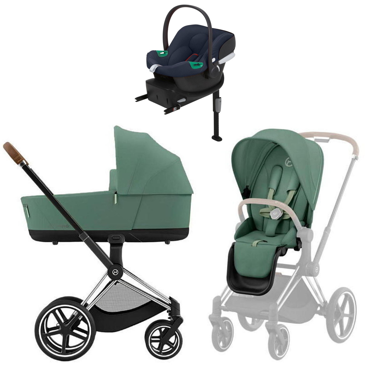 Коляска Cybex Priam IV Chrome Brown complete Aton B2 Bay Blue Base One 3 в 1 Leaf Green