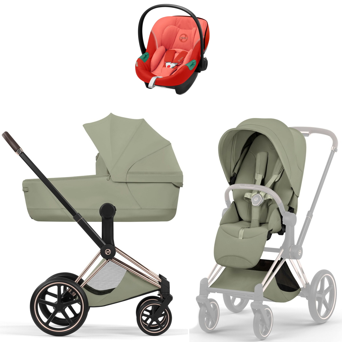 Коляска Cybex Priam V Rosegold Style Aton S2 Hibiscus Red 3 в 1 Sage Green