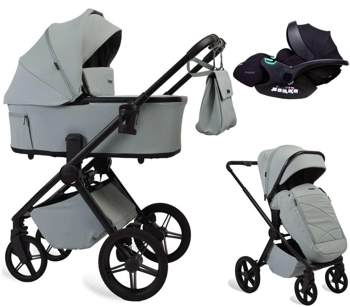 Детская коляска Peppy Monaco Plus 3 в 1 с автокреслом Verona Black Mint (мятный), рама черная