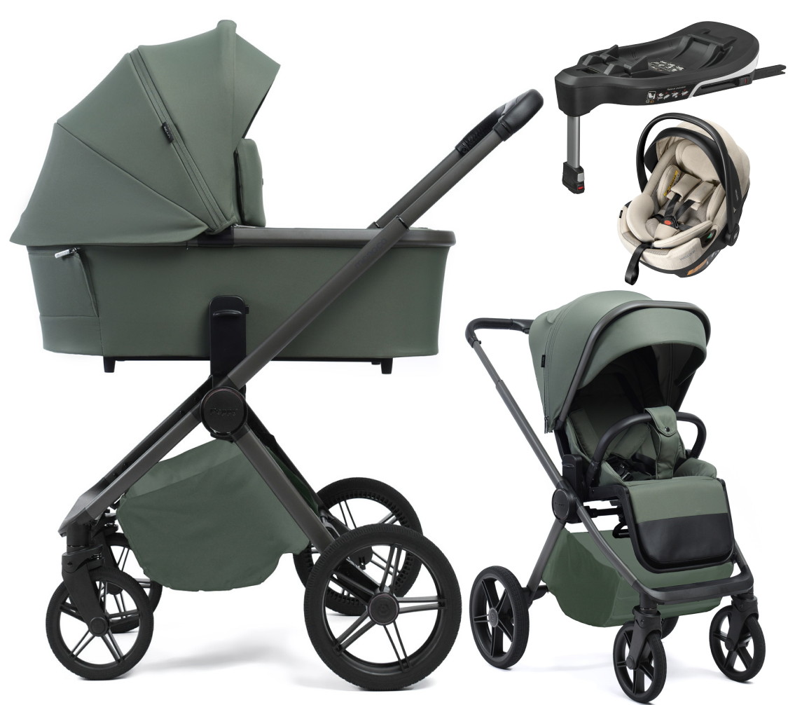 Детская коляска Peppy Monaco Plus 4 в 1 с автокреслом Welldon Crown 2 и базой Oliva Green (зеленый), рама серая