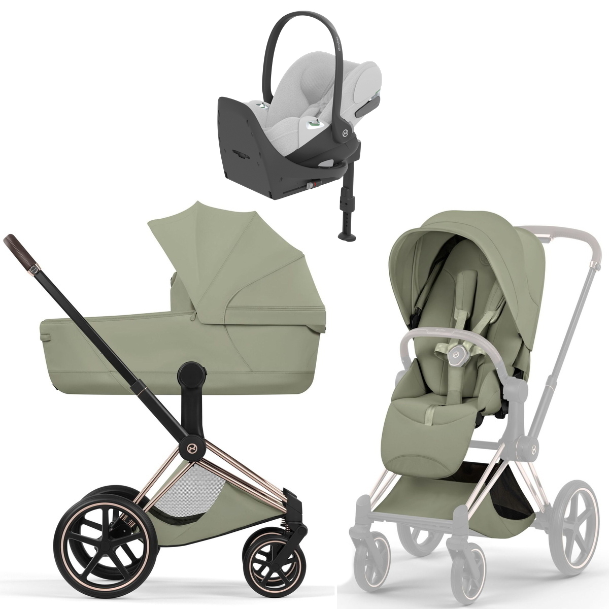 Коляска Cybex Priam V Rosegold Style Cloud T Platinum White Plus Base T 4 в 1 Sage Green
