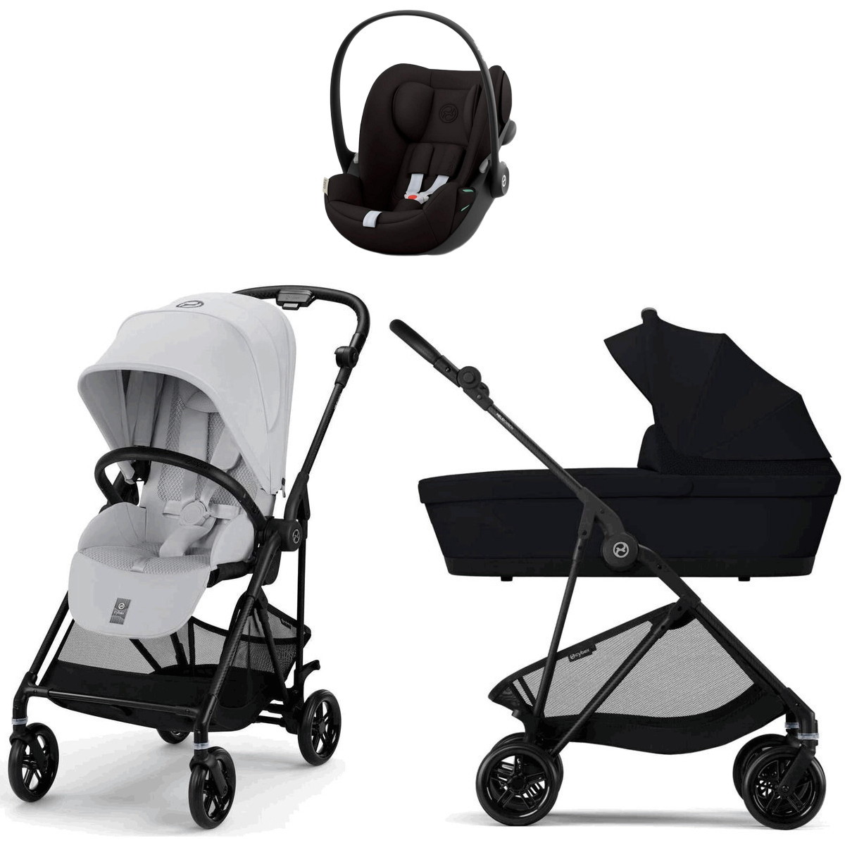 Коляска Cybex Melio Carbon Cloud G i-Size Magic Black 3 в 1 Fog Grey/Magic Black с дождевиками