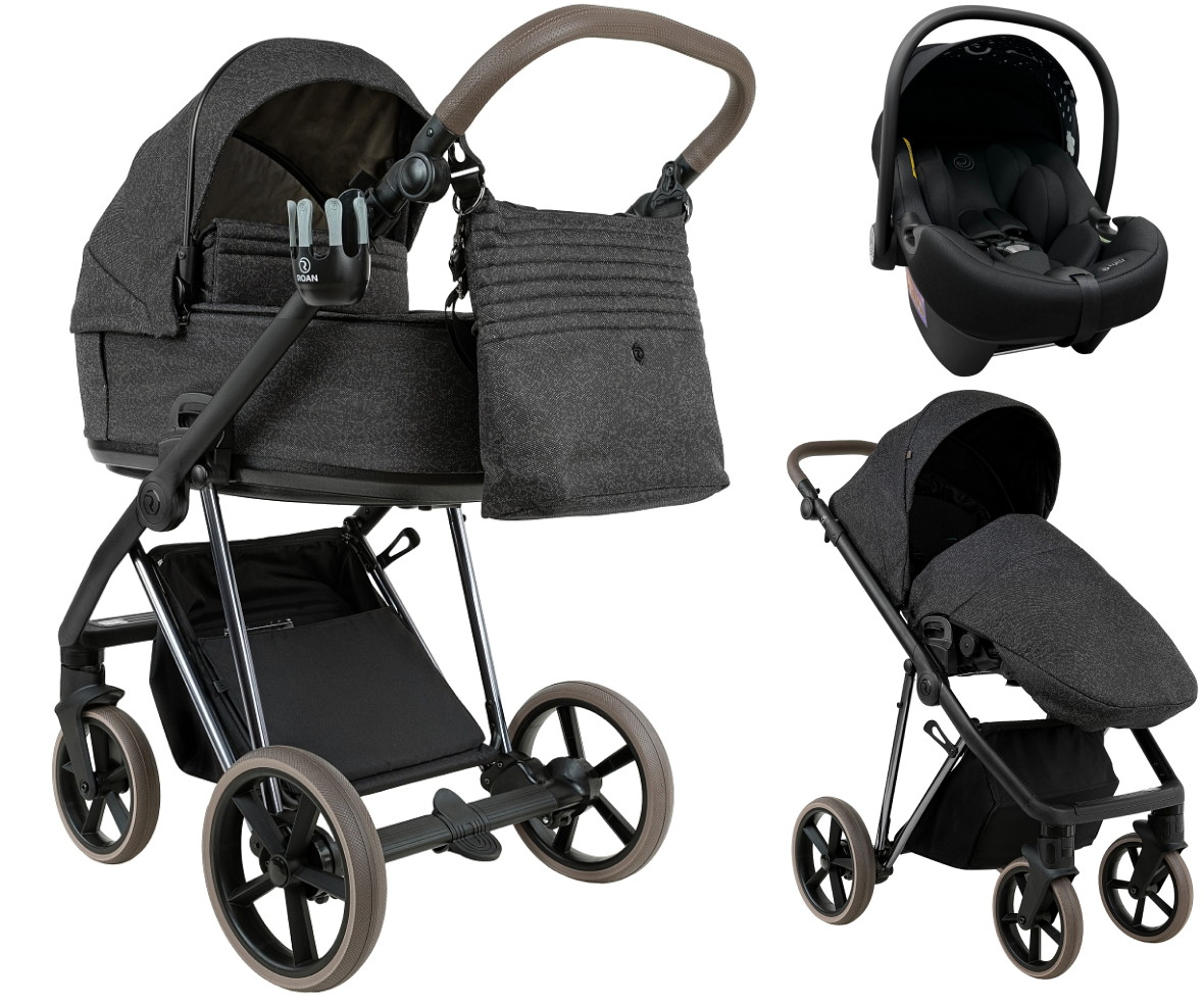 Детская коляска Roan Sol Vintage Luxury 2.0 3 в 1 с автокреслом Tutis Elo Lux EduSky Black PIX/55/D Pixel/Dark/Nickel/руч.Cappuccino