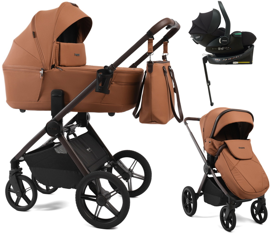 Детская коляска Peppy Monaco Thermo 4 в 1 с автокреслом Jet Black и базой Biscuit (бисквит), рама серо-коричневая