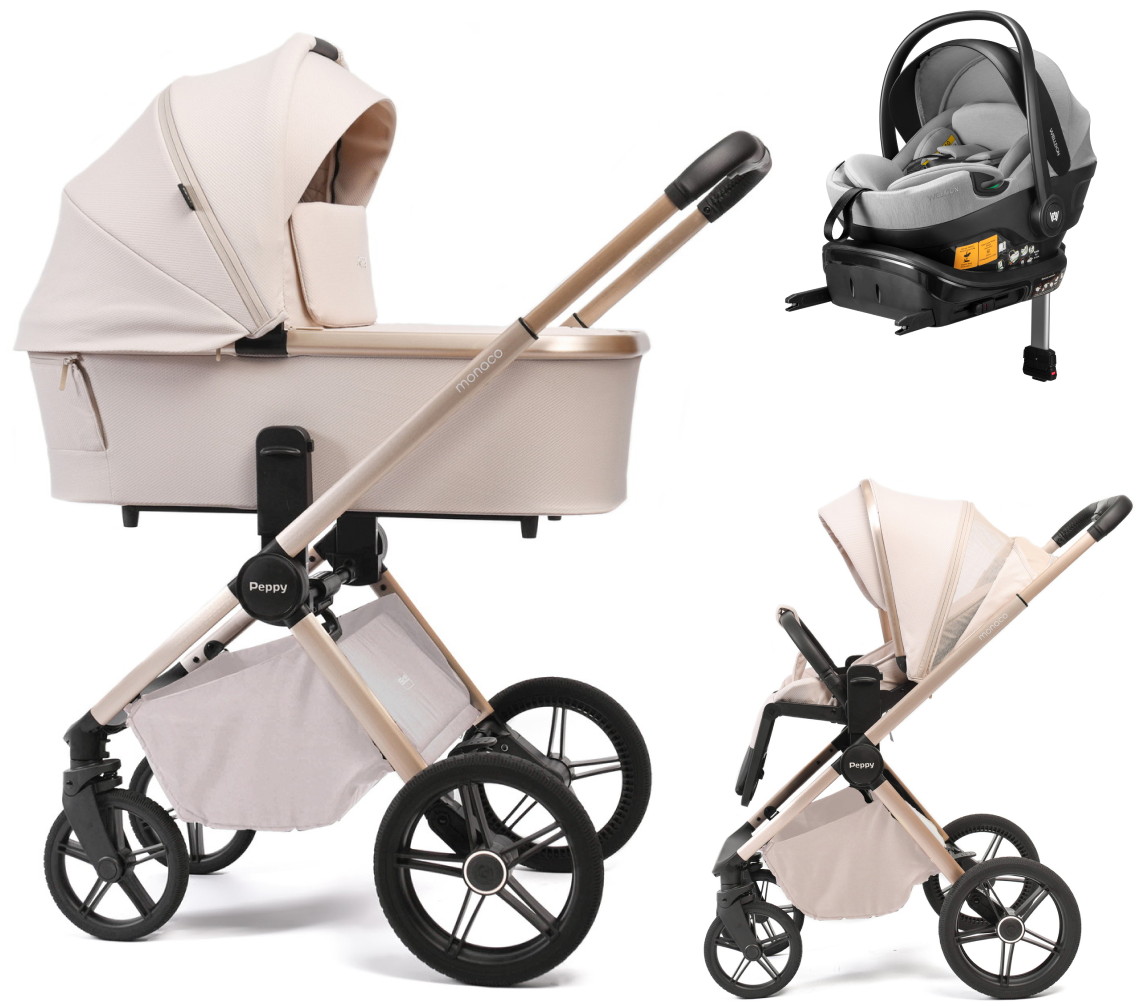 Детская коляска Peppy Monaco Plus 4 в 1 с автокреслом Welldon Crown 2 Grey и базой Beige (бежевый), рама беж, шлифованный алюминий